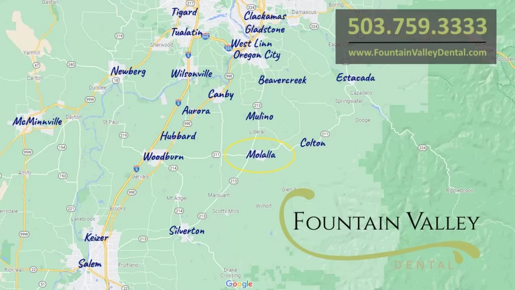 Map of Molalla, Oregon Serving Patients from Mulino, Oregon City, Canby, Silverton, Colton, Beavercreek, Estacada, Woodburn, Salem, West Linn, Gladstone, Tualatin, Wilsonville, Aurora, Hubbard, Barlow, Gervais, Keizer, McMinnville, Hayesville, Newberg