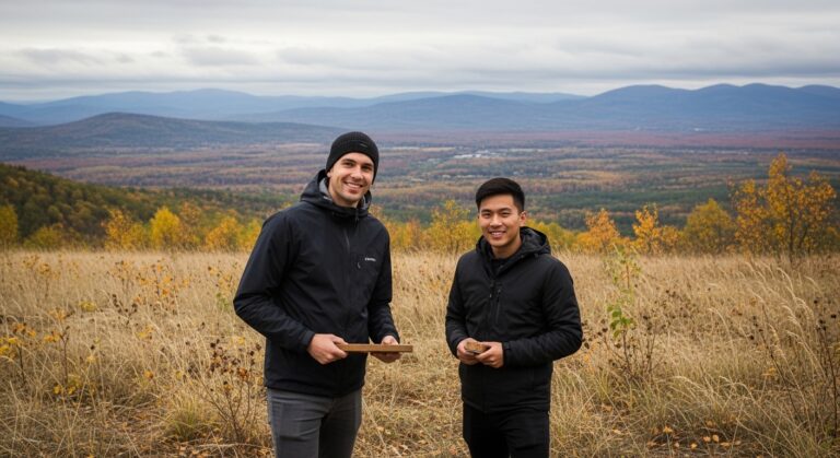 smiling men standing in scenic field in late autumn
