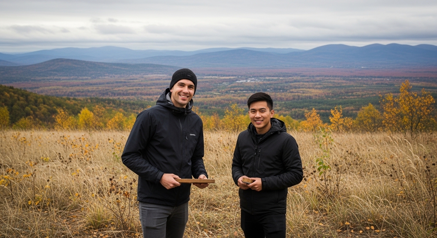 smiling men standing in scenic field in late autumn