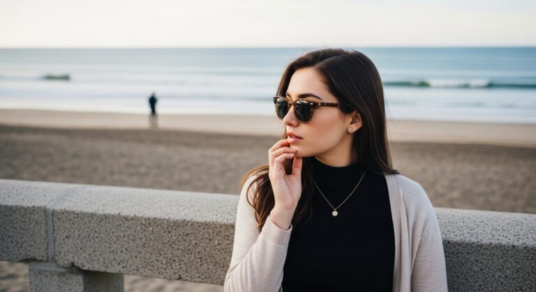 Woman standing next to beach holding jaw