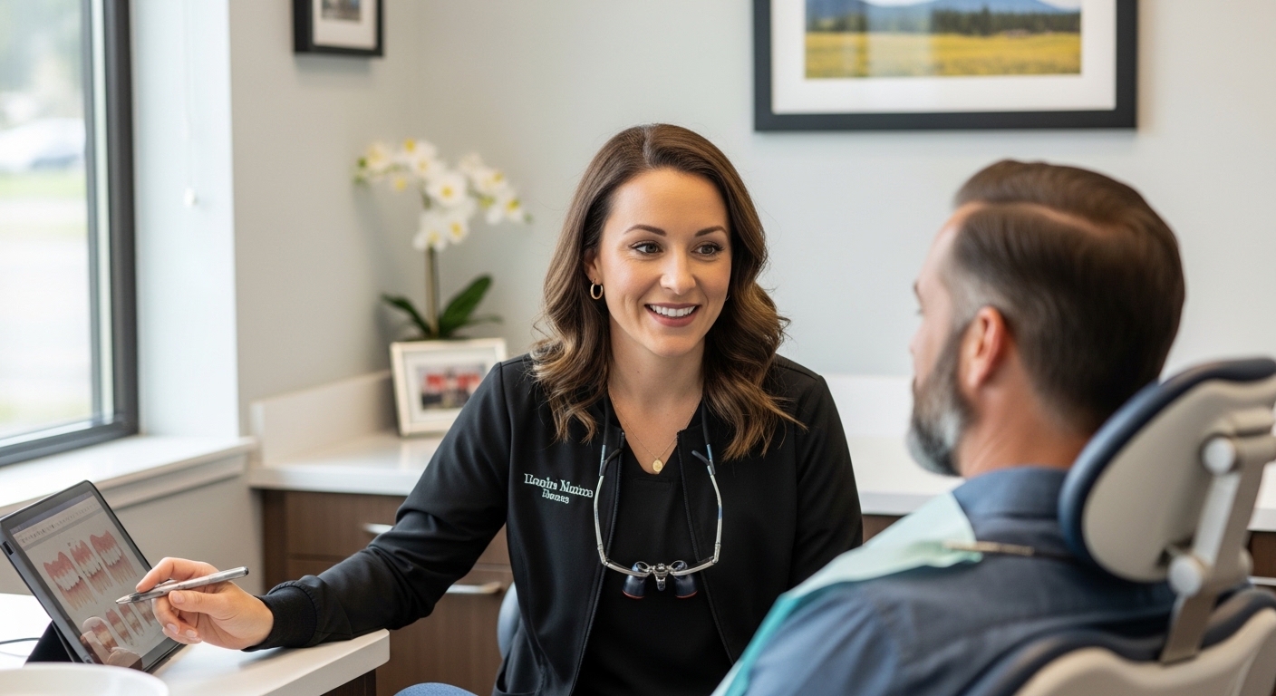 Dentist consulting with patient in a modern dental office