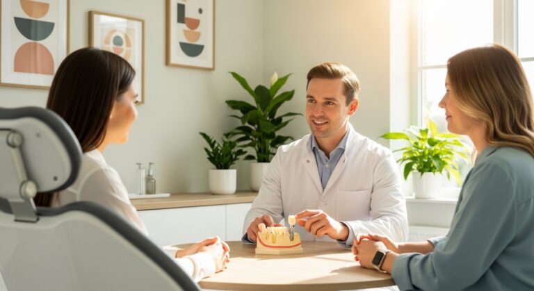 Dentist discussing dental implants with a patient in a modern dental office.