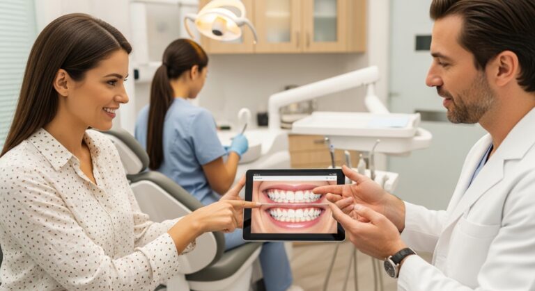 Dentist consulting with a patient about cosmetic dentistry options