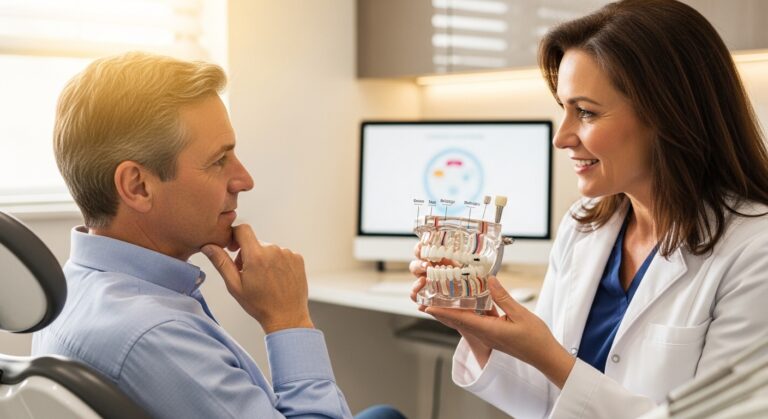 Dentist and patient discussing dental restoration options in a modern office
