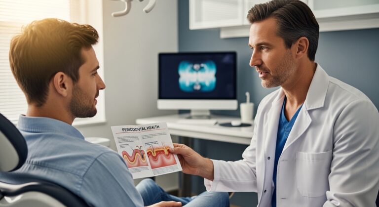 Dentist consulting with a patient about oral health in a professional setting