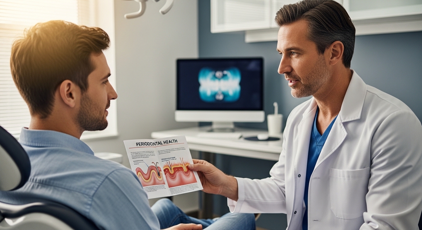 Dentist consulting with a patient about oral health in a professional setting